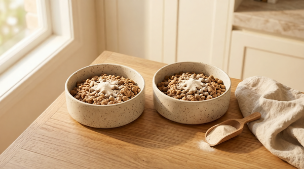 Consistency Routine — two ceramic bowls with collagen powder on dry food, wooden scoop, and linen cloth on warm timber surface