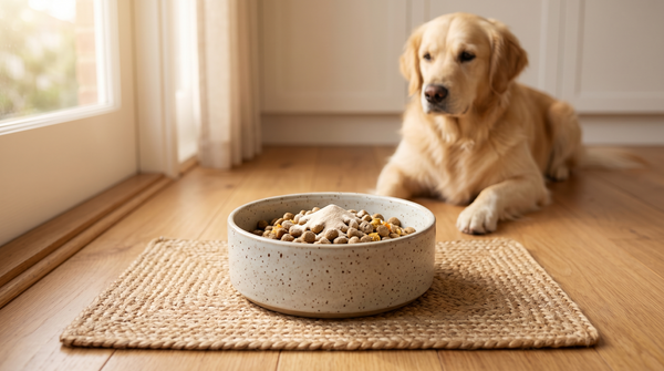 Daily Routine — Golden Retriever lying beside a ceramic bowl with collagen powder on dry food