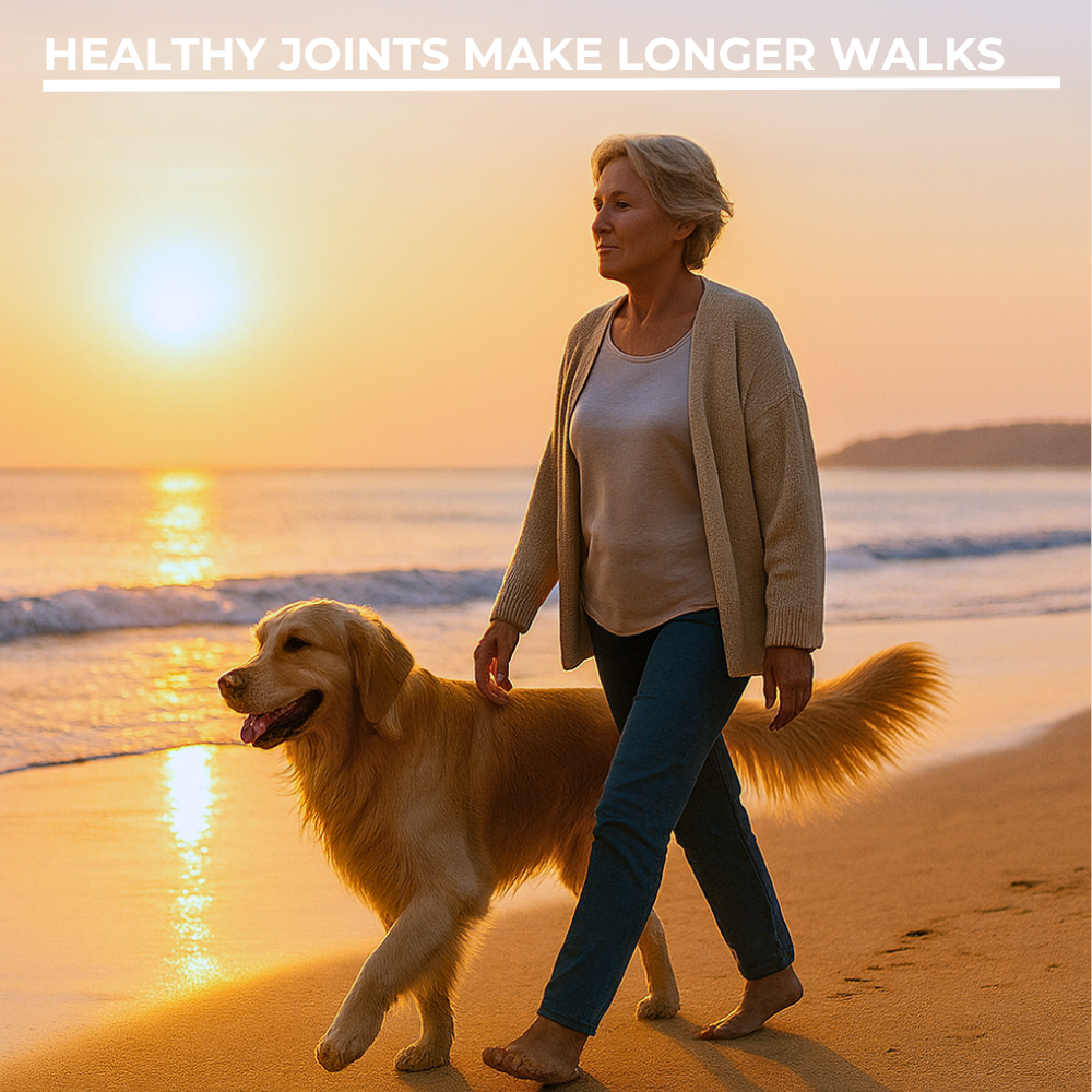 Woman walking a dog on a beach with a sunset in the background and text 'Healthy Joints Make Longer Walks'.