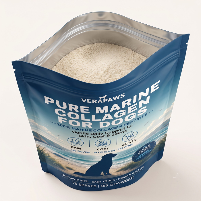 An open pouch of VeraPaws Pure Marine Collagen For Dogs.