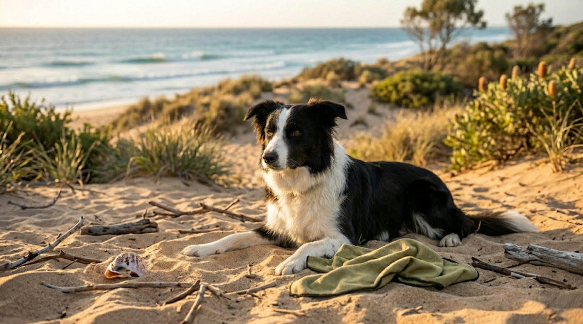 Border collie sitting on sand at the beach. Towel next to the dog