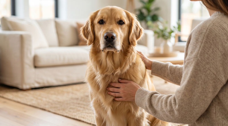 Dog with a glossy healthy coat being gently stroked by its owner in a bright modern home.