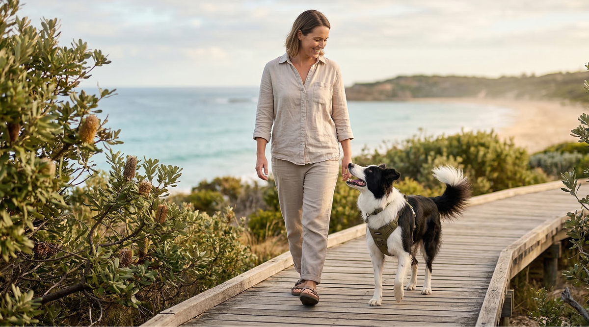 Dog on a morning walk in Australia.