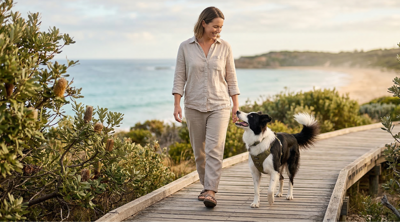 Dog on a morning walk in Australia.