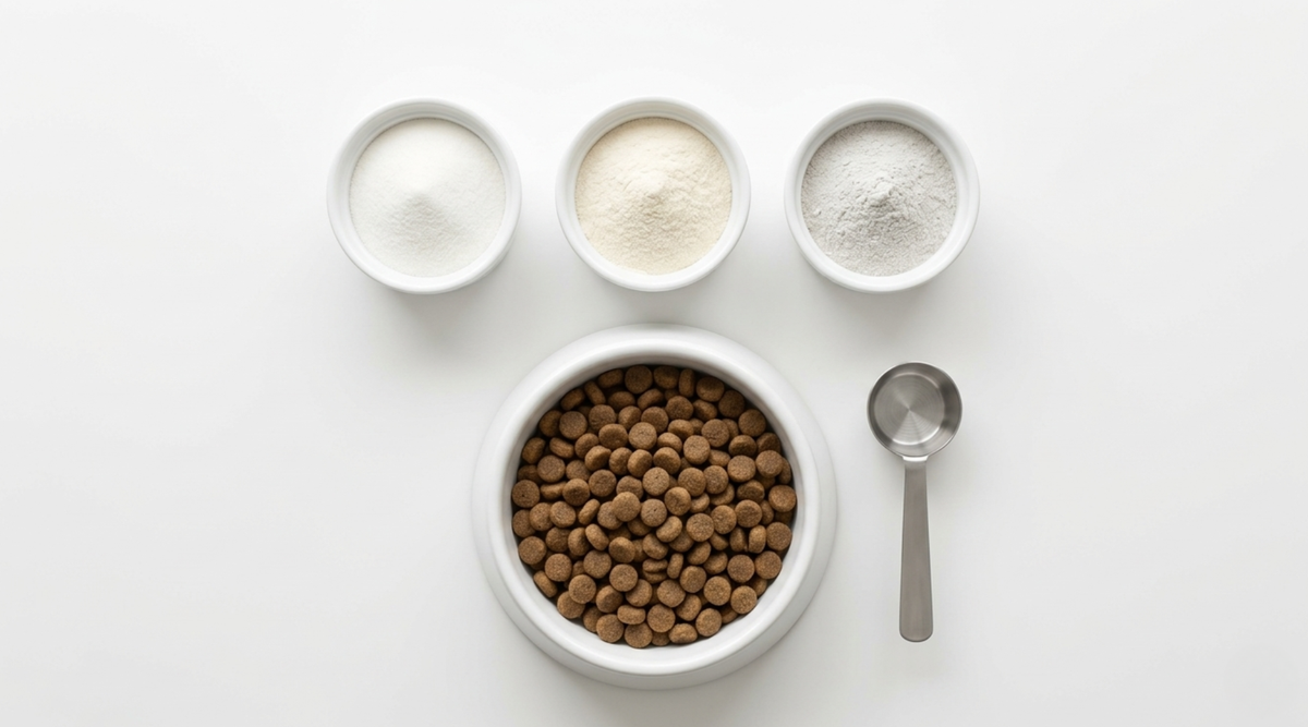 Minimal flat-lay of collagen powders and a dog bowl for a collagen types guide.