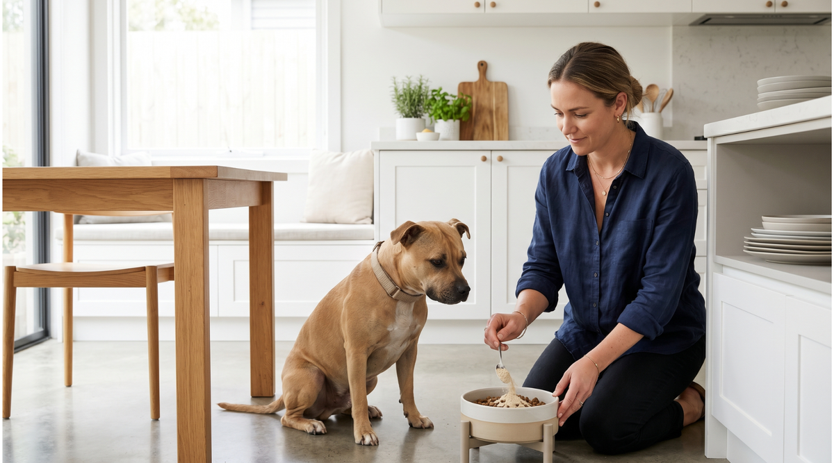 Dog owner mixing a fine collagen powder into a dog’s meal in a bright modern home.