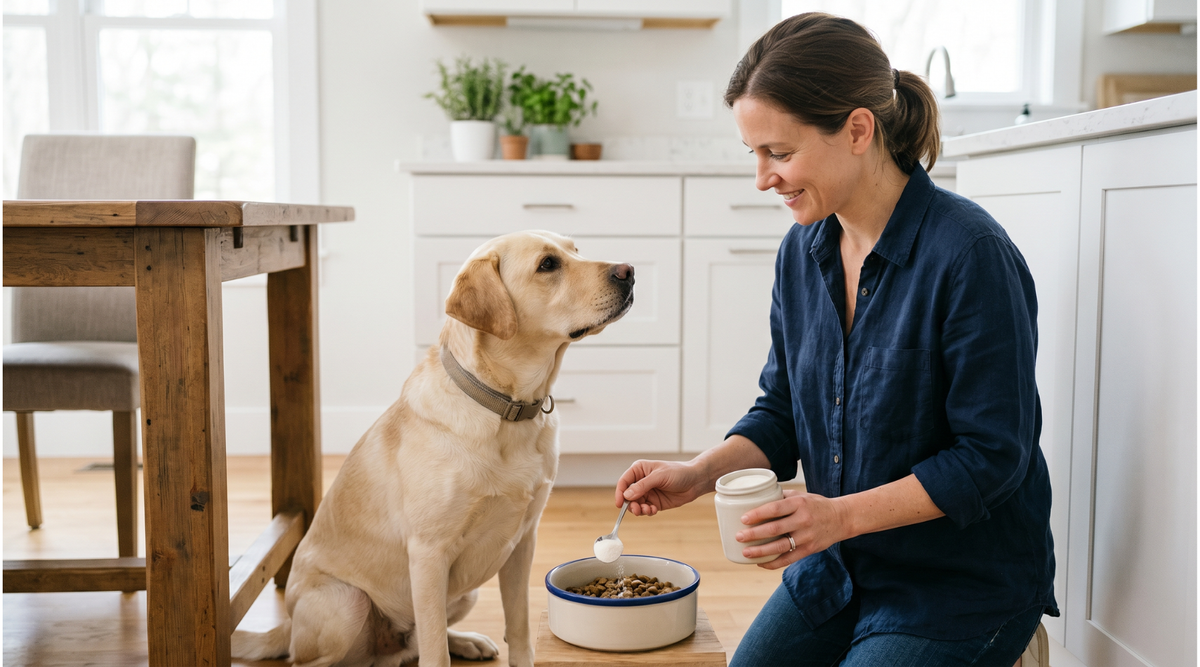 Dog owner mixing a daily collagen supplement into a dog’s food bowl in a bright modern home.