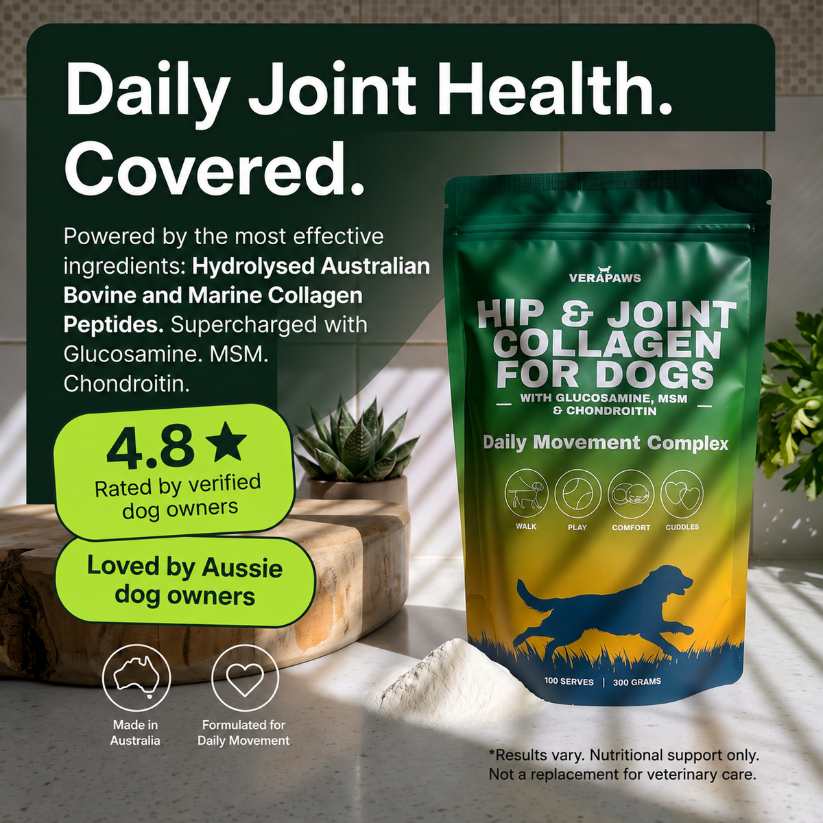VeraPaws Hip and Joint pouch on table with powder near it.
