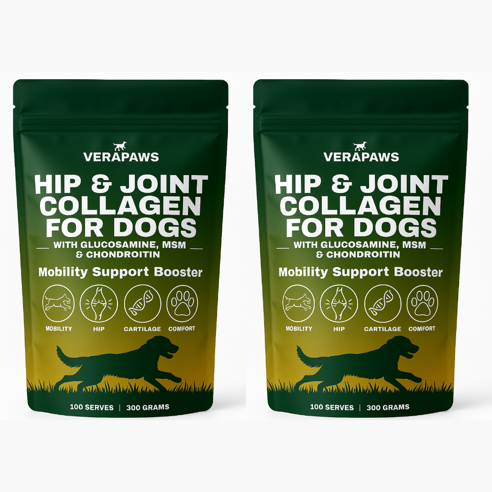 Two packages of Verapaws Hip & Joint Collagen for Dogs on a white background