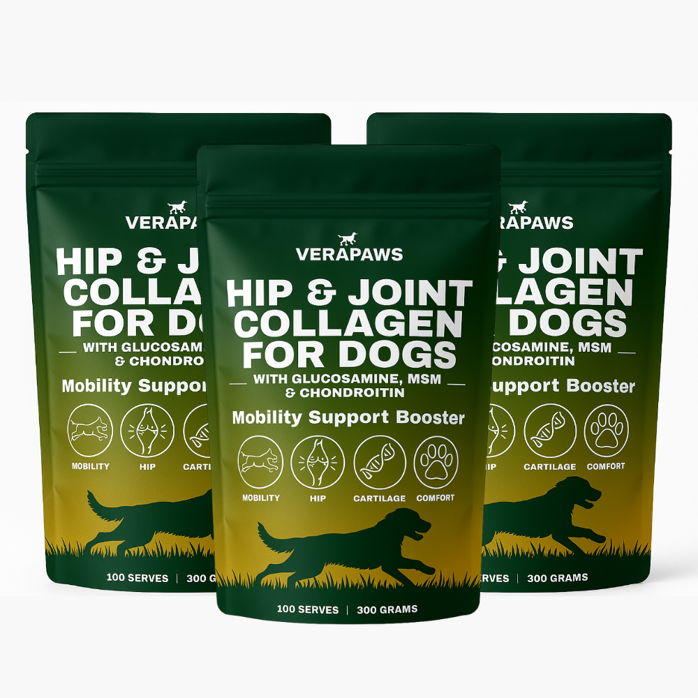 Three pouches of Verapaws Hip & Joint Collagen for Dogs on a white background