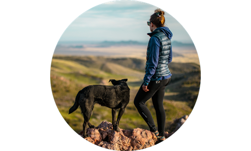 Person and dog standing on a rocky outcrop with a scenic landscape in the background