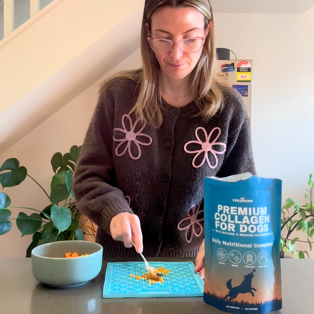 A lady spreading dog food on a lickable mat with a bag of Premium Collagen For Dogs on the kitchen table.