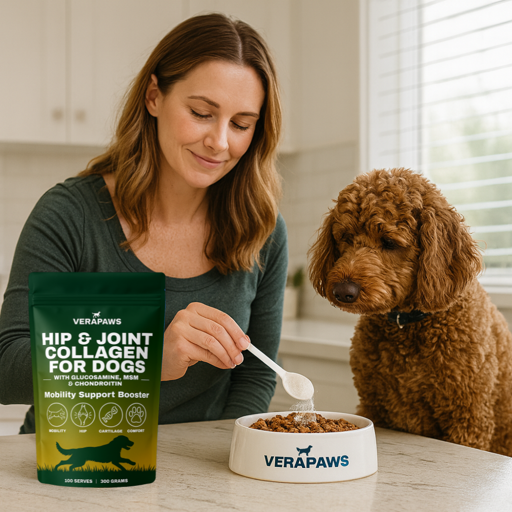 Woman spooning Verapaws hip and joint collagen for dogs into a bowl with a dog sitting next to her