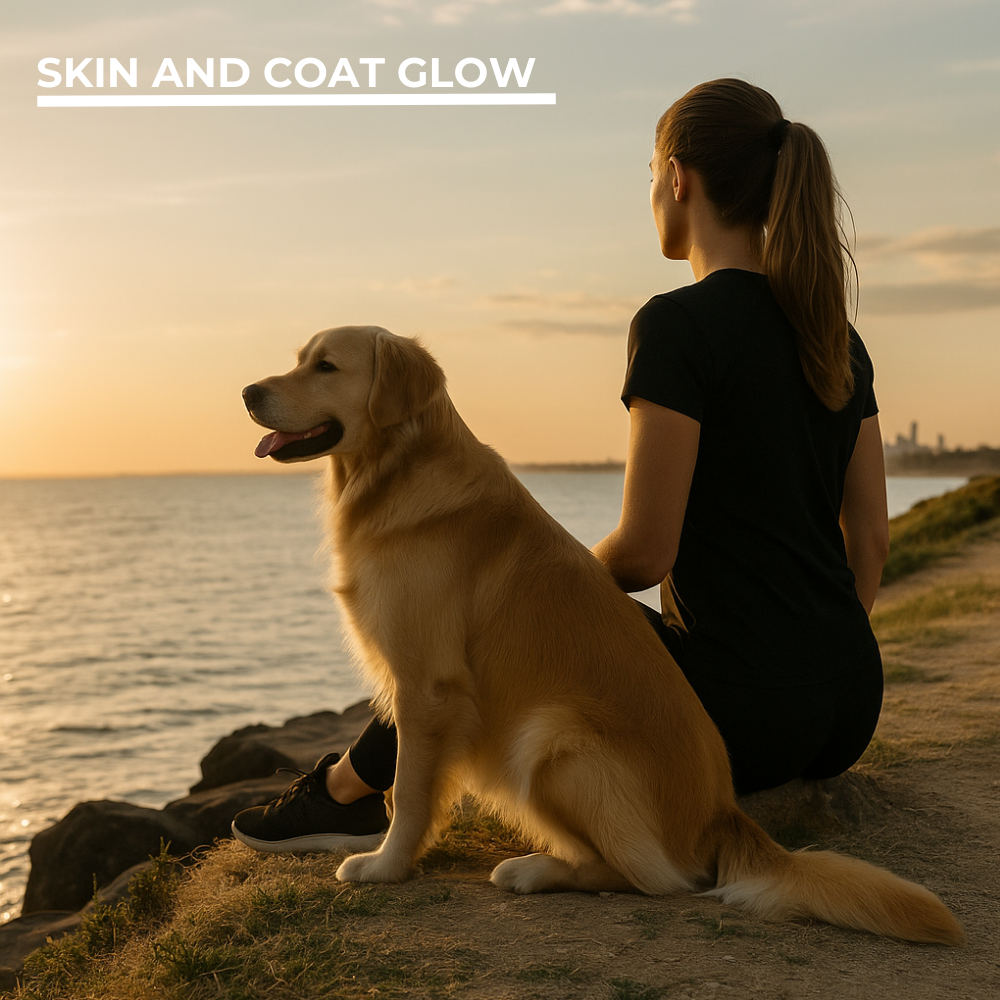 Woman and dog sitting by the water at sunset with 'Skin and Coat Glow' text overlay.