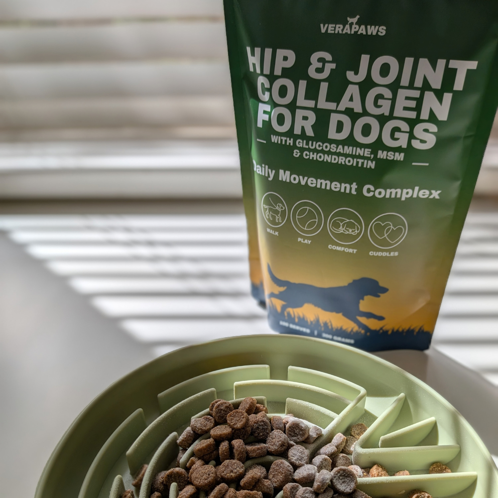 VeraPaws Hip and JOint Collagen Powder pouch with green slow feeder bowl filled with kibble and collagen powder on top. 
