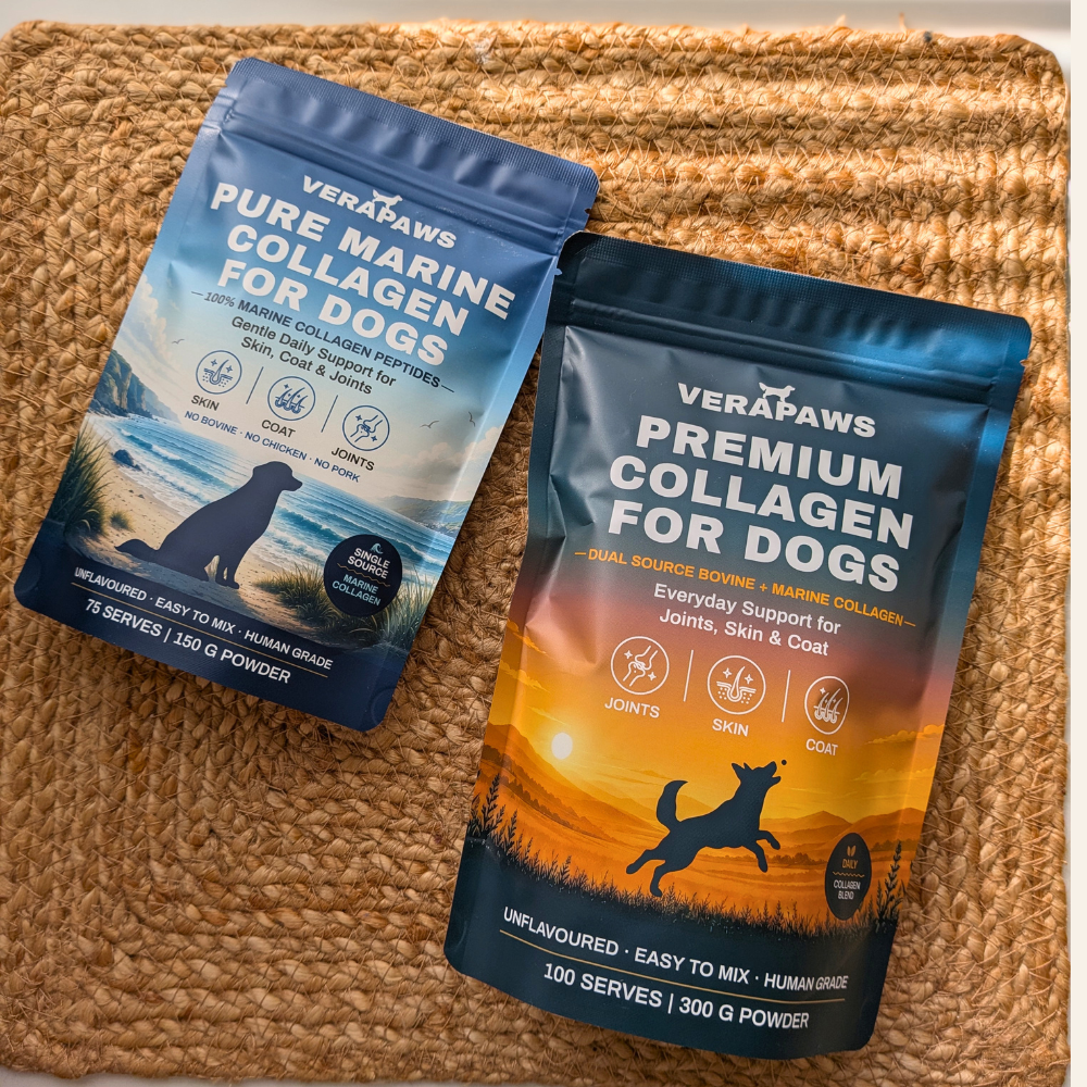 Marine Collagen For Dogs and Premium Collagen For Dogs bag side by side on a jute mat