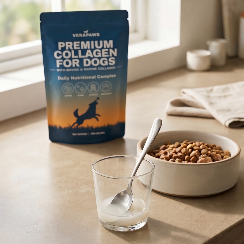 VeraPaws collagen powder mixed with a small splash of warm water before being poured over dog food.