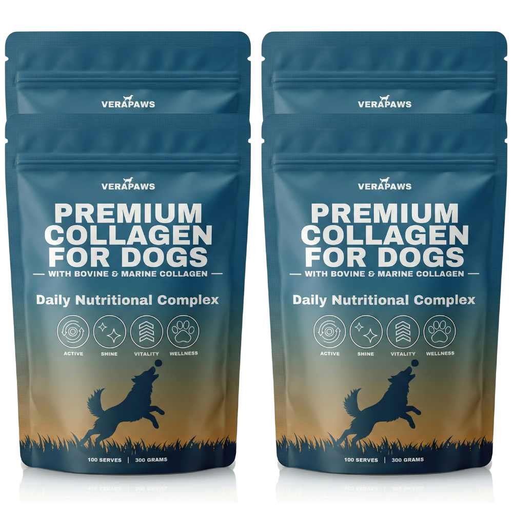 Four packages of Verapaws Premium Collagen for Dogs on a white background