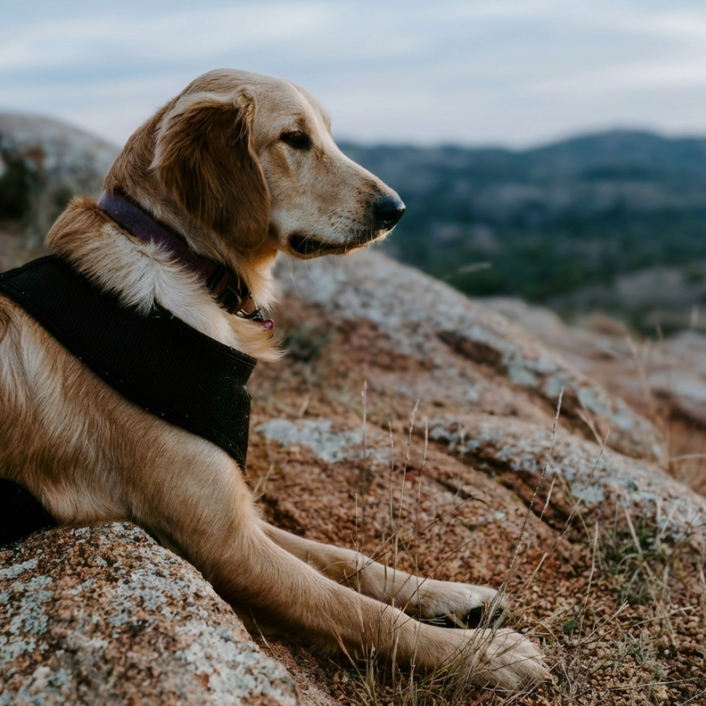Dog sitting on a rocky outcrop with a mountainous landscape in the background