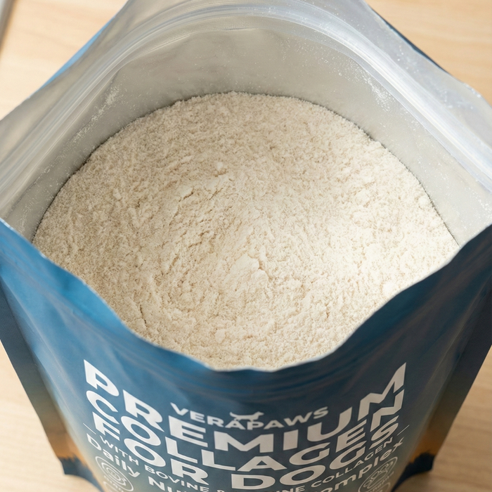 VeraPaws Premium Collagen powder shown in opened pouch.