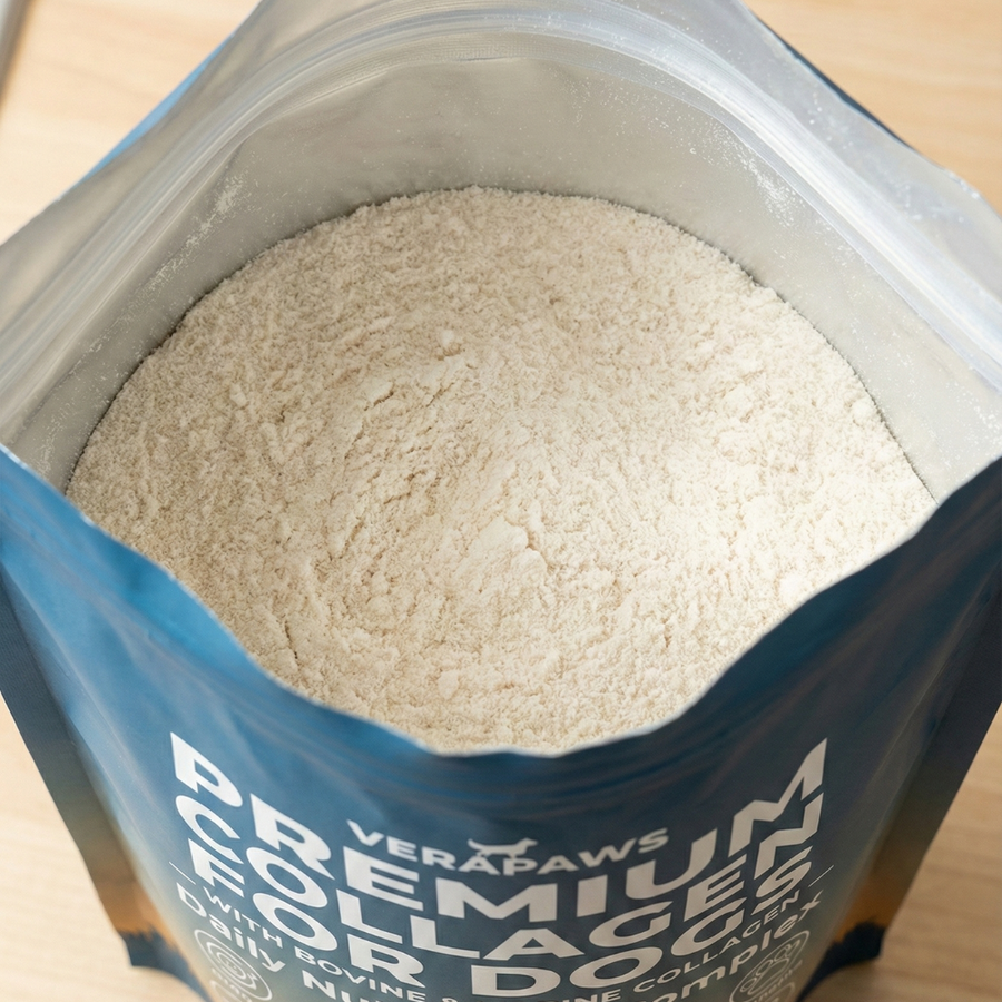 VeraPaws collagen powder being mixed with a small splash of water before serving over dog food.