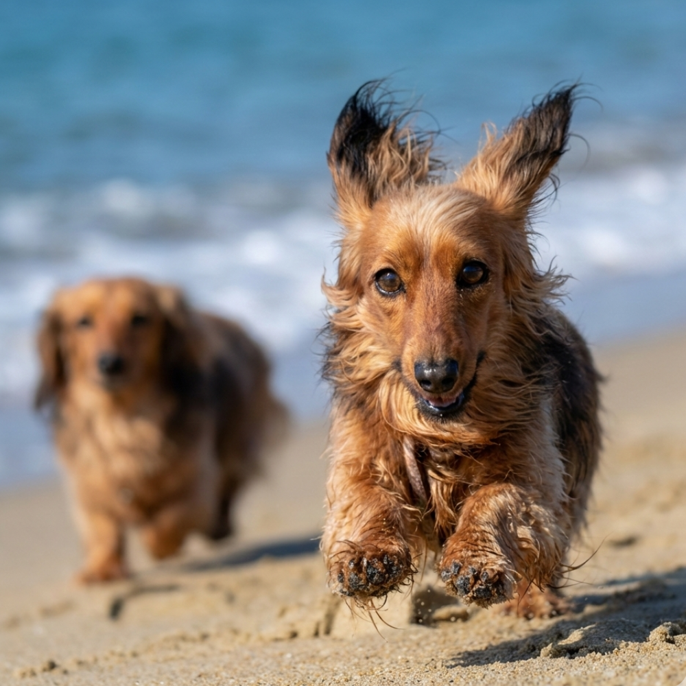 Two dachshunds running on a sandy beach with ocean waves in the background.