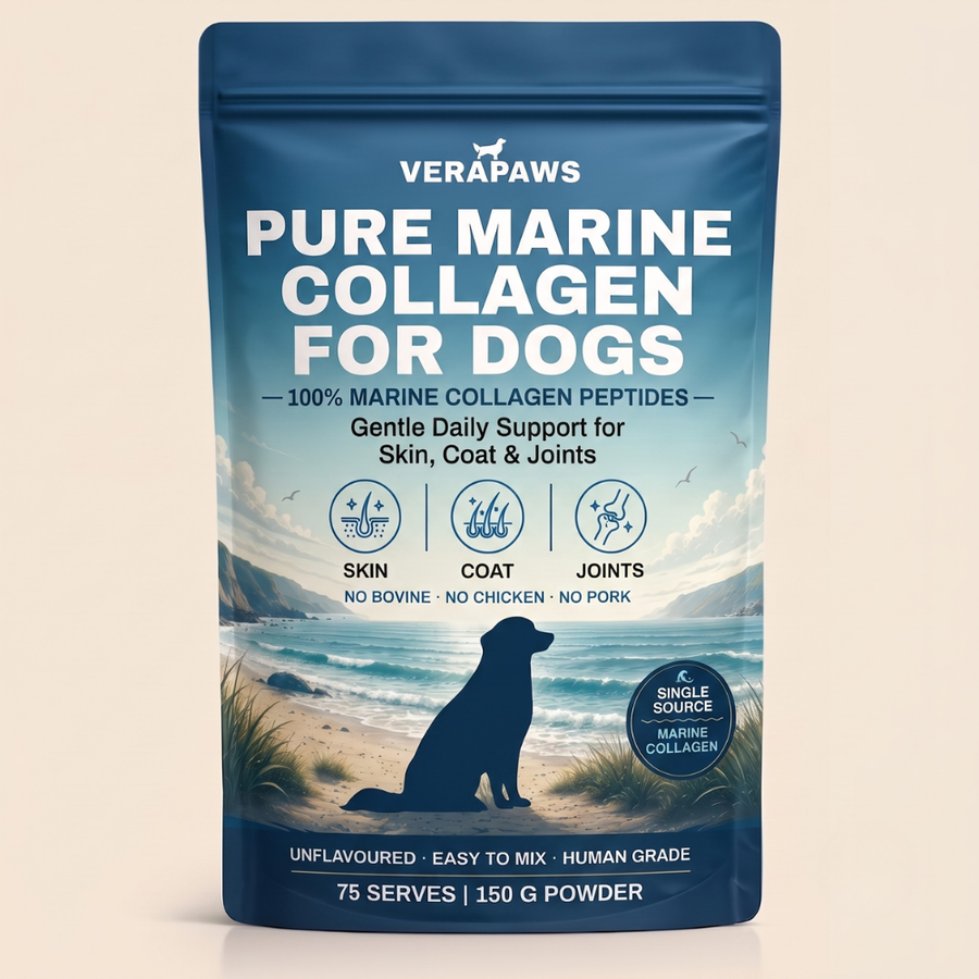 A stand-up pouch of Verapaws Pure Marine Collagen for Dogs, featuring a blue background with a beach scene and a black dog silhouette, on a light beige background.