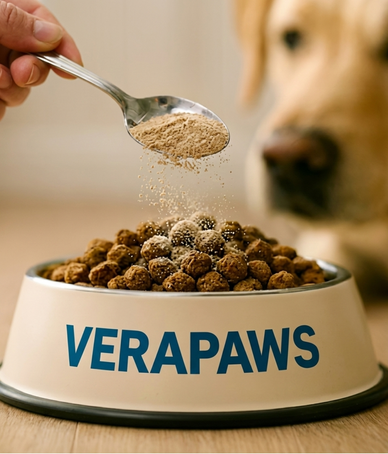Dog food being added to a bowl labeled 'VERAPAWS' with a dog in the background.
