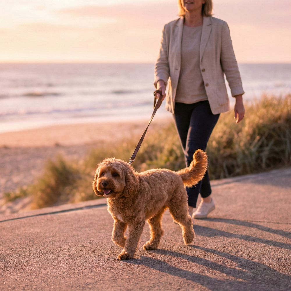 Dog with beautiful skin and coat walking along the beach with the owner. 