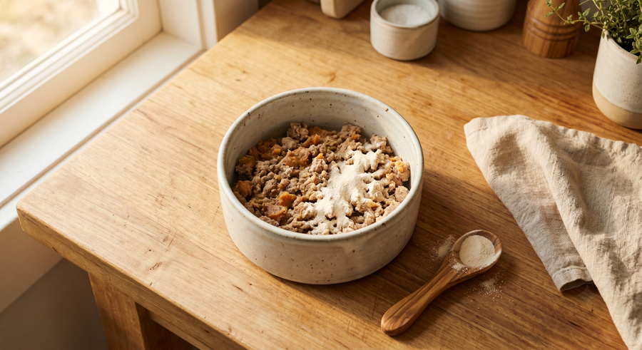 VeraPaws collagen powder stirred into a dog food bowl with a wooden scoop