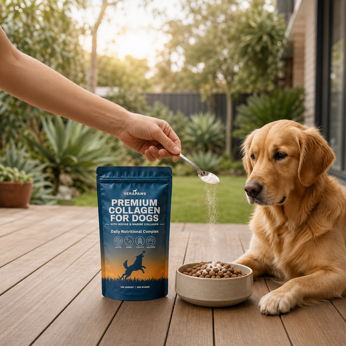 Golden Retriever outside in the garden with a ceramic food bowl with Premium Collagen For Dogs being sprinkled over the top.
