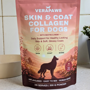 VeraPaws Skin and Coat Collagen For Dogs pouch on kitchen bench