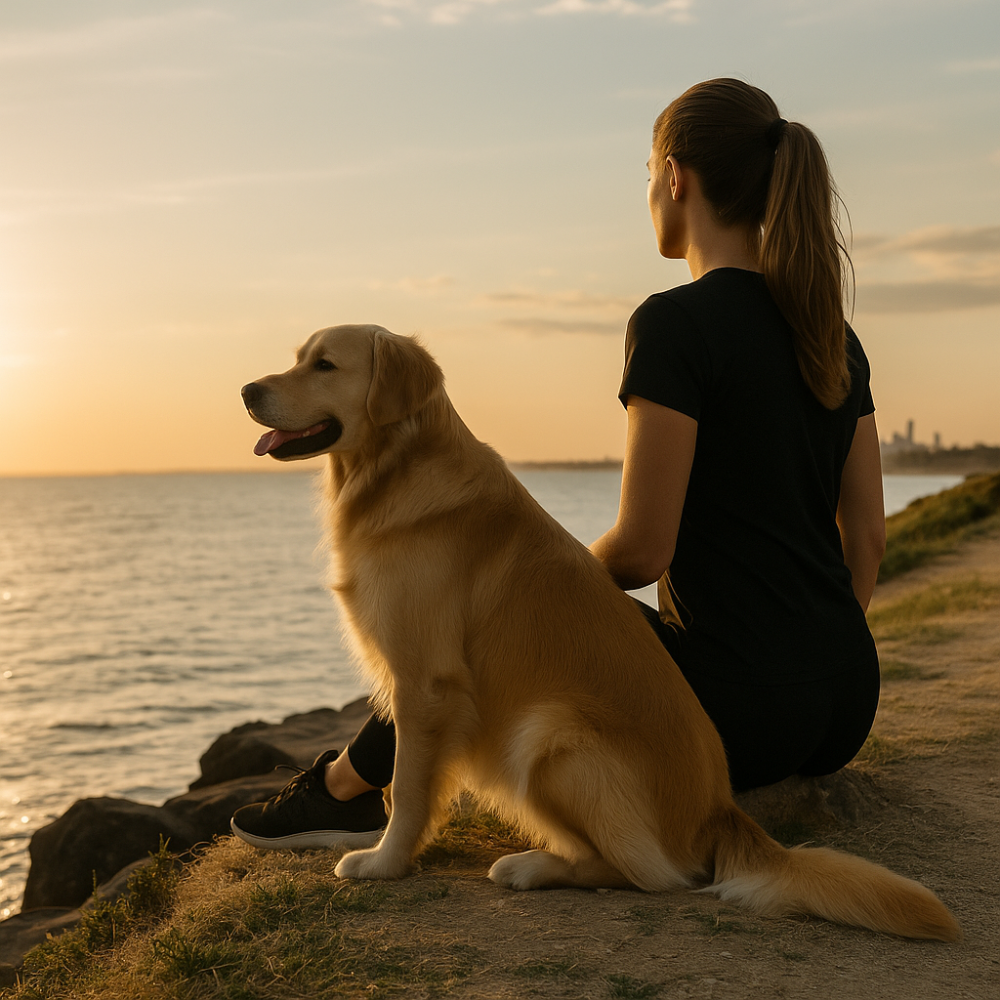 Woman and dog sitting together on a beach at sunset