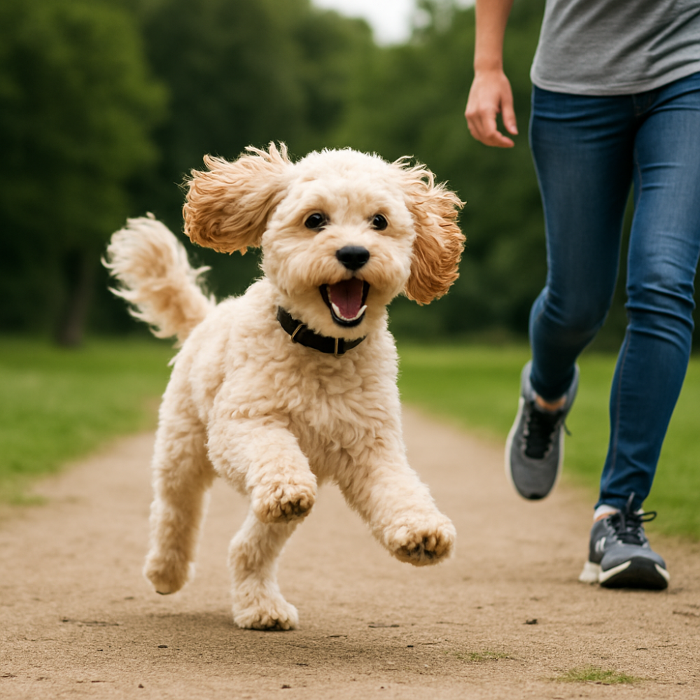 Happy dog running on a path with a person in the background
