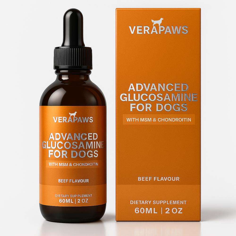 Verapaws Advanced Glucosamine for dogs bottle and packaging on a white background