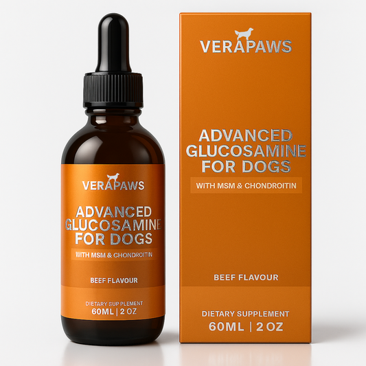 Verapaws Advanced Glucosamine for dogs bottle and packaging on a white background