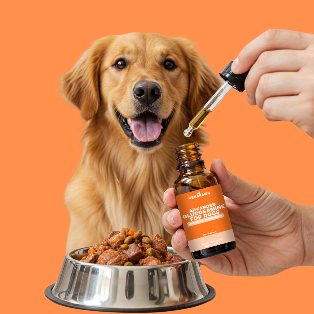 Dog with a bowl of food and a bottle of Verapaws Glucosamine for Dogs on an orange background