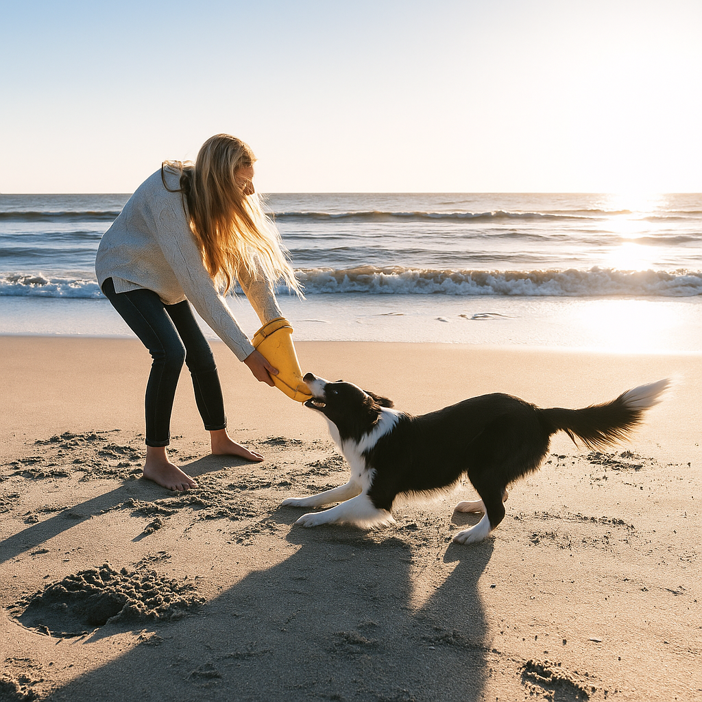 Woman playing with a dog on a sandy beach at sunset