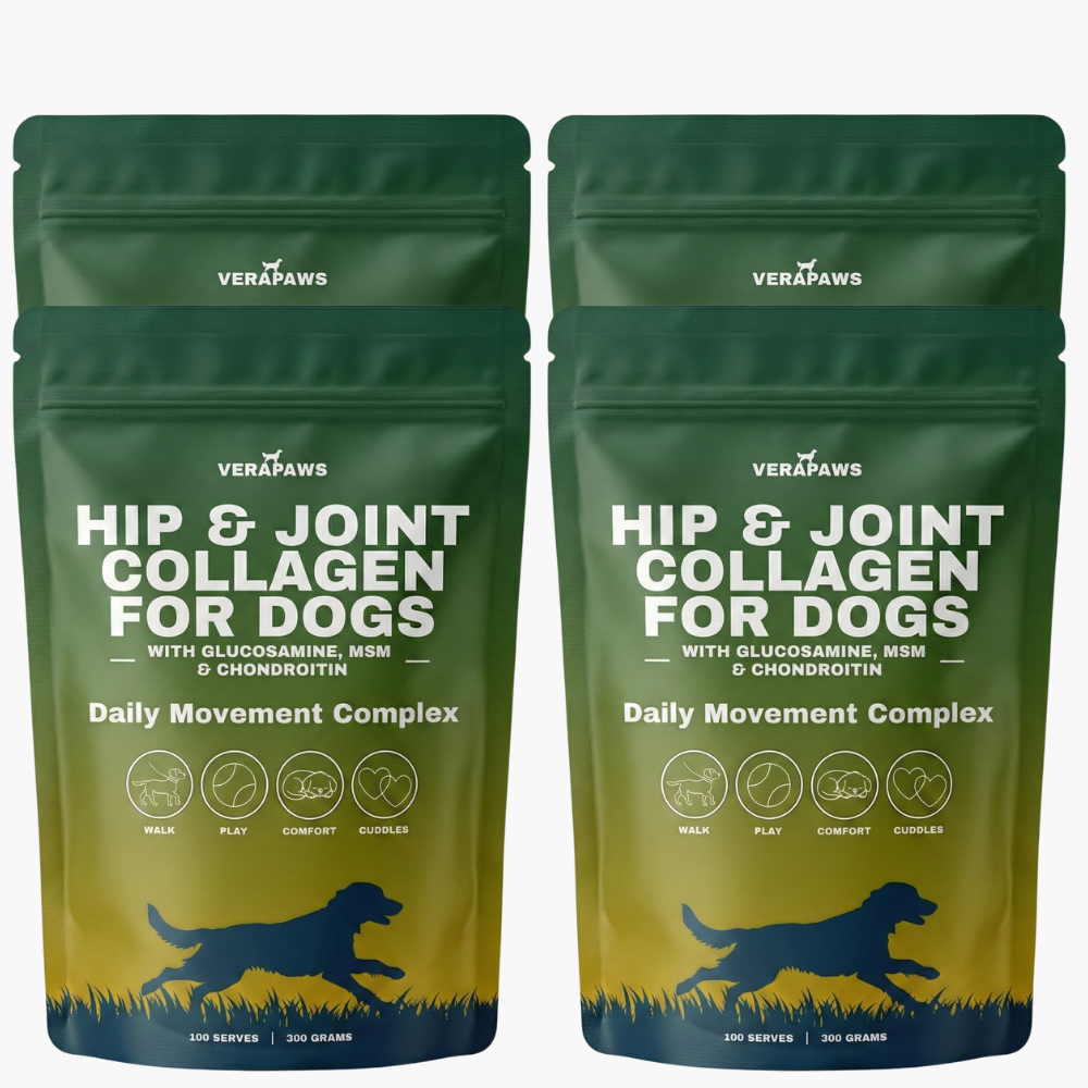 Four packages of Verapaws Hip & Joint Collagen for Dogs on a white background