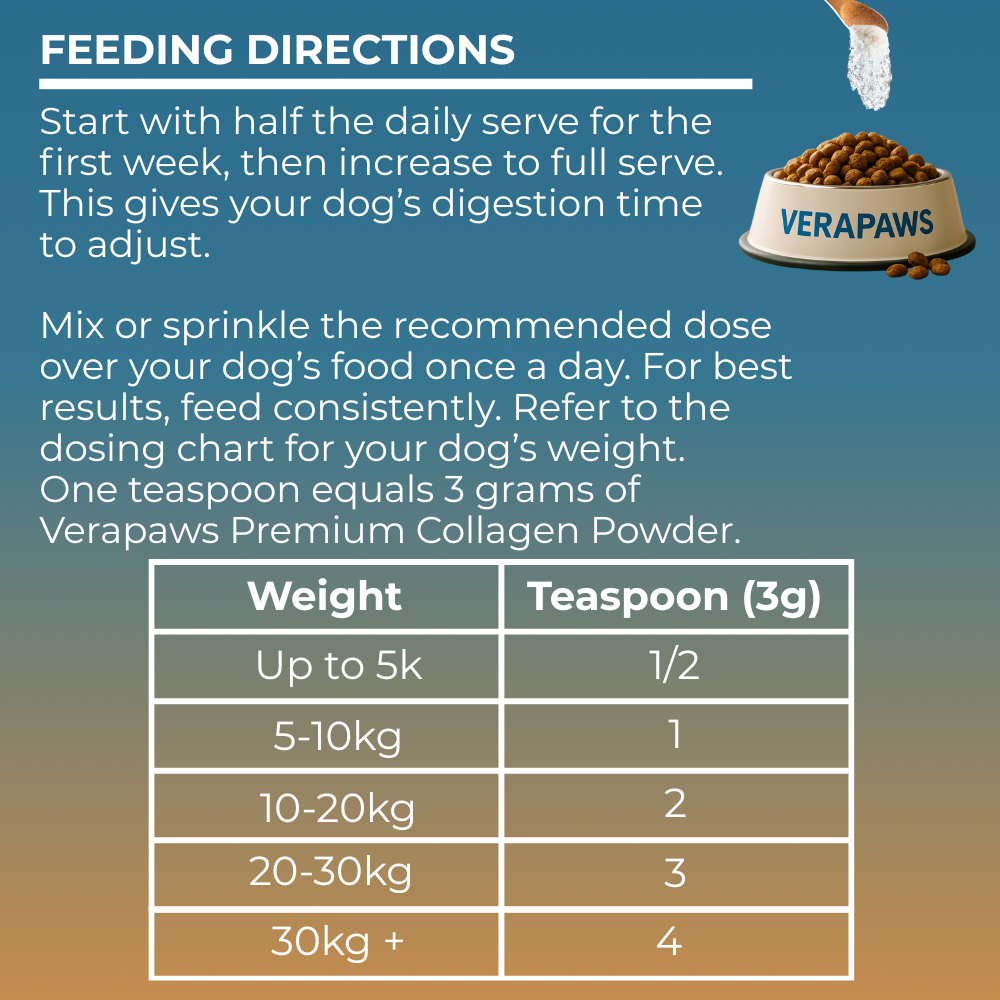 Feeding directions for Verapaws Premium Collagen Powder with a bowl of dog food on a blue and brown gradient background.