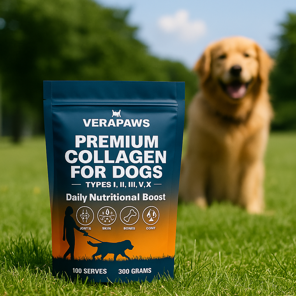 Verapaws Premium Collagen for Dogs package with a dog in the background