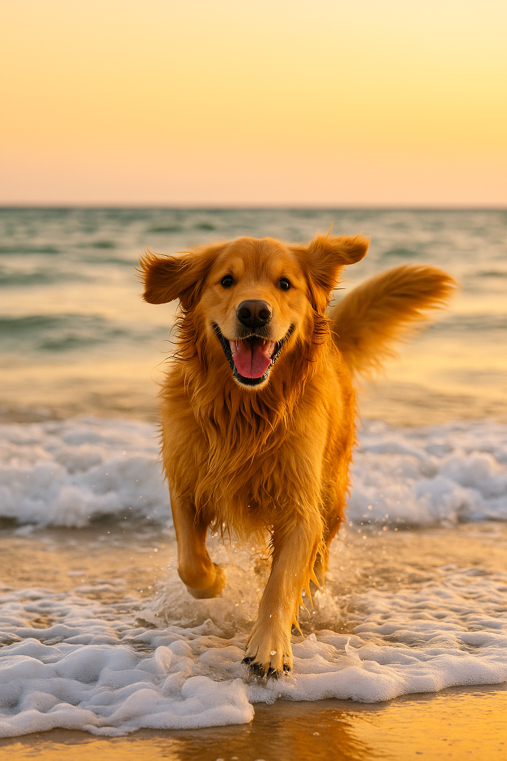 Golden retriever running on a beach at sunset