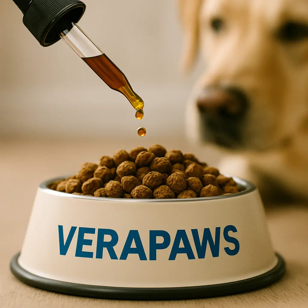 This image shows Verapaws kibble and bowl and how easy Collagen For Dogs is to use. 
