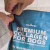 A bag of VeraPaws Premium Collagen For Dogs being open and sprinkled over kibble. 