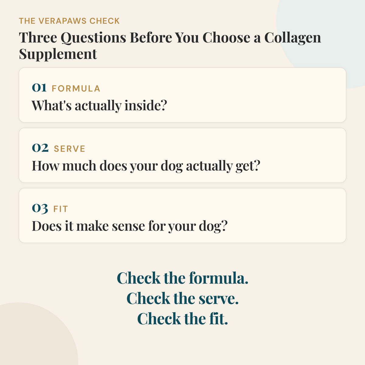 VeraPaws Formula Serve Fit checklist for choosing collagen for dogs